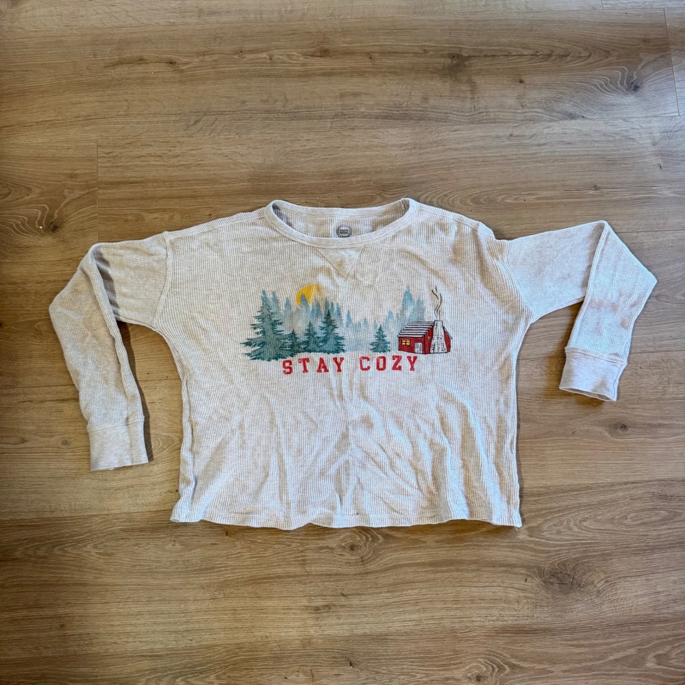 Wonder Nation Stay Cozy Waffle Knit Thermal Top Beige Cabin Graphic XL 14-16